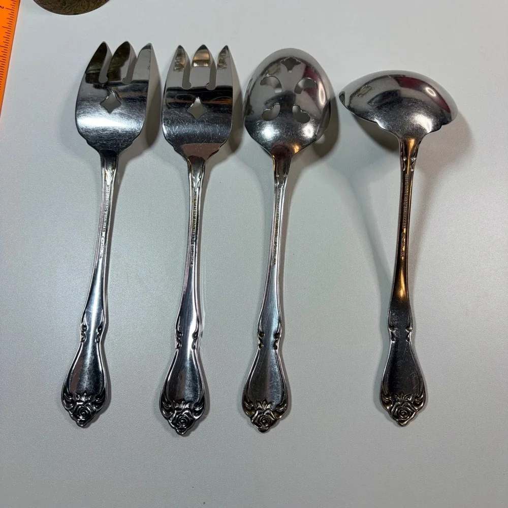 Oneida 1881 Rogers Baroque Rose Stainless Serving Set 4pc Fork Spoon Ladle Vtg